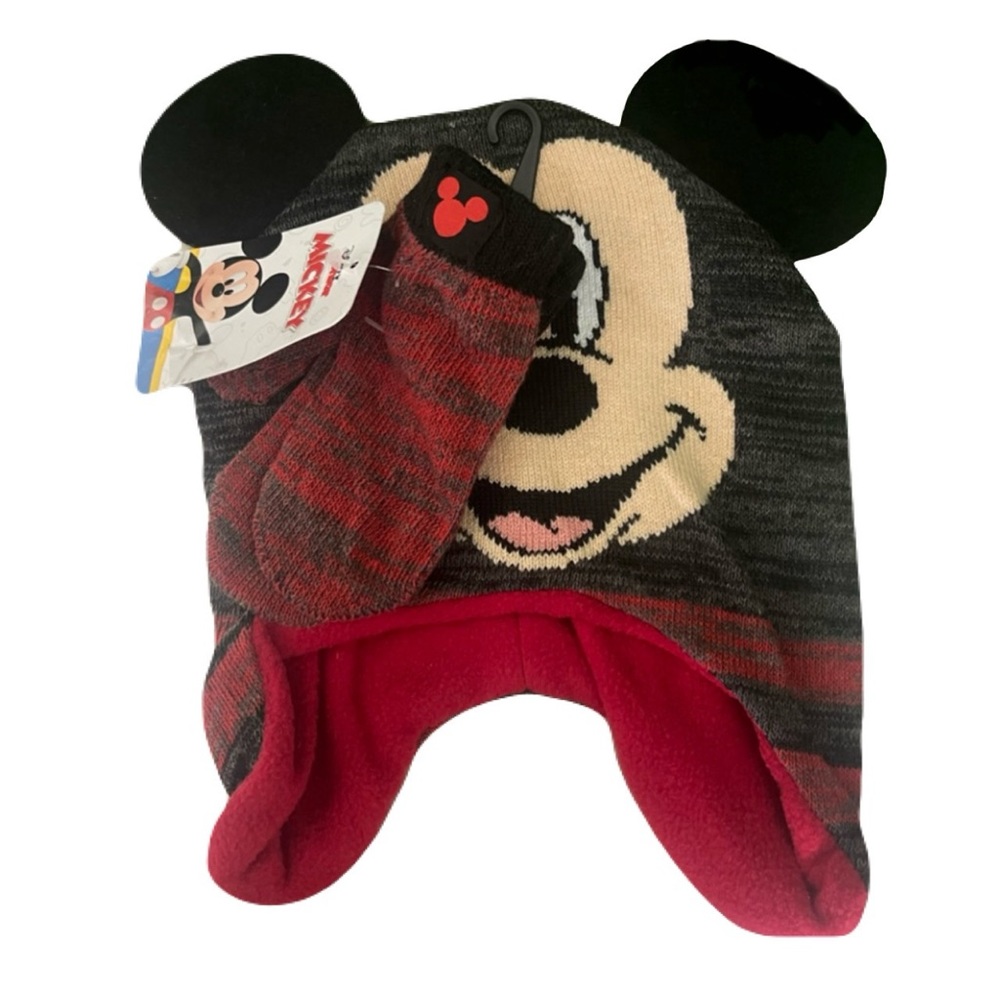 Disney Mickey Mouse Kids OSFM Beanie & Glove Set Black Red NWT
